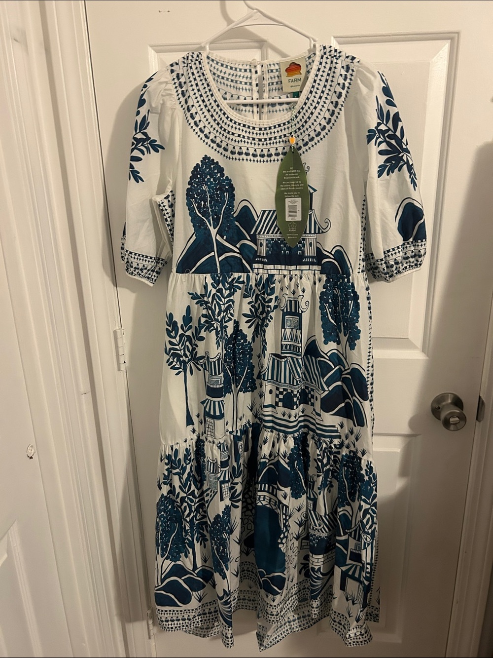 FARM Rio White Maxi Dress with Navy Botanical & Pagoda Print